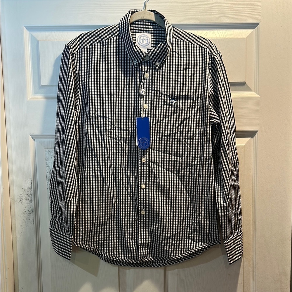 NWT! Guy Harvey Belmont Navy White Gingham Check Long Sleeve Button Down Shirt S